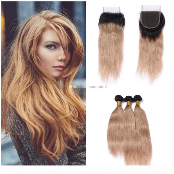 

9a human hair bundles with lace closure bleached knots honey blonde ombre human hair wefts with closure ombre straight hair, Black;brown