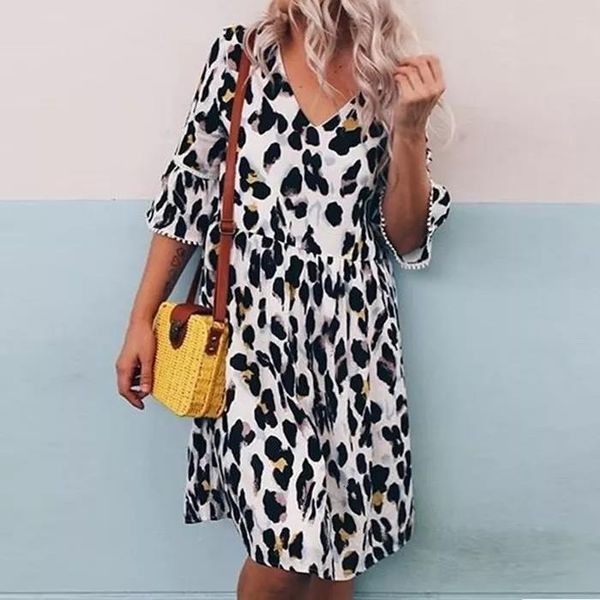 

new women summer dress fashion v neck leopard print loose large dress mid sleeve knee dress ladies plus size flare sleeve, Black;gray