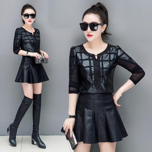 

women's leather & faux women pu shirt mesh patchwork black flower diamonds bottoming long sleeve ladies stitching lace base wear