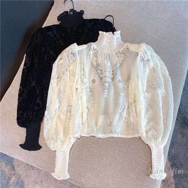 

women lace shirt 2021 spring new retro elegant turtleneck drawstring lantern sleeve short blouse lady's all-match blusas, White