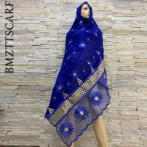 

african women embroidery cotton splicing net scarf big size headscarf women hijab scarf bm8191, Blue;gray