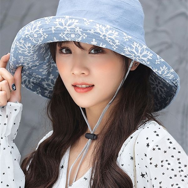

summer women snowflake double-sided linen cotton sun hats panama female foldable bucket cap large wide brim anti-uv beach hat y200714, Blue;gray