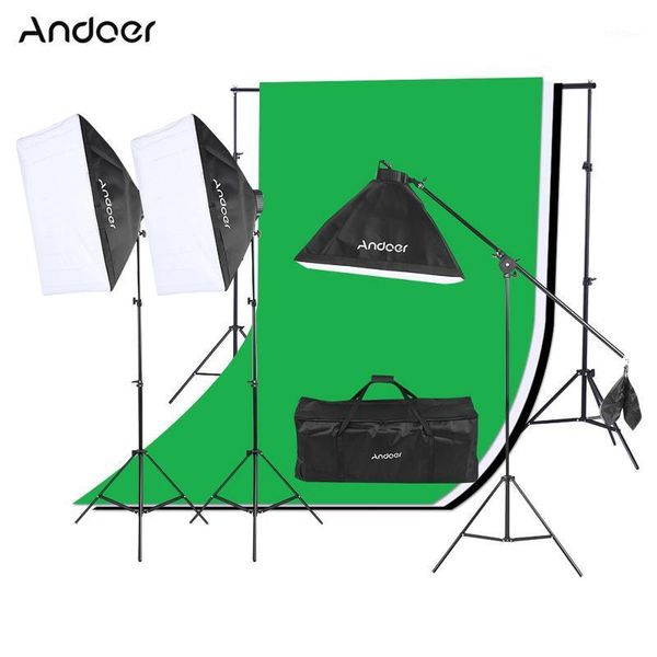 

lighting & studio accessories andoer po 50*70cm softbox 12pcs 45w bulb 3pcs 4in1 socket 2m light stand 1.6m*3m black green backdrop1