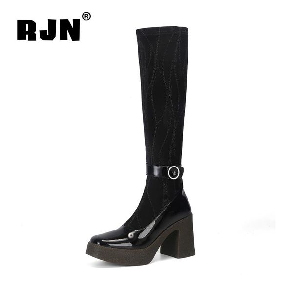 

rjn women's high boots platform ankle buckle stocking patent leather patchwork sweet lolita heels fashion 2020 women boots ro434, Black