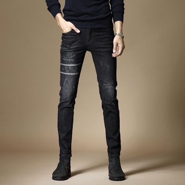 

autumn fashion printed stretch jeans streetwear slim fit denim black pants, Blue