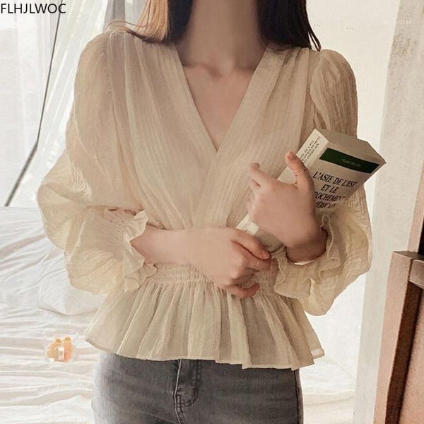 

womens long sleeve peplum cute sweet preppy style girls korean style v neck ruffled solid shirts blousas1, White