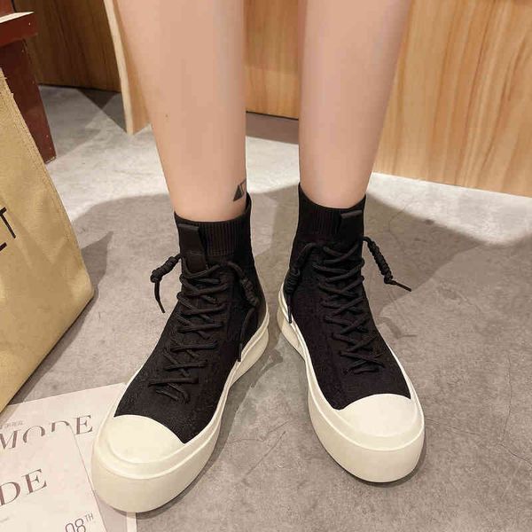 

martin boots women's 2021 autumn winter shoes front lace up elastic flat heel knitted british medium mesh red socks, Black