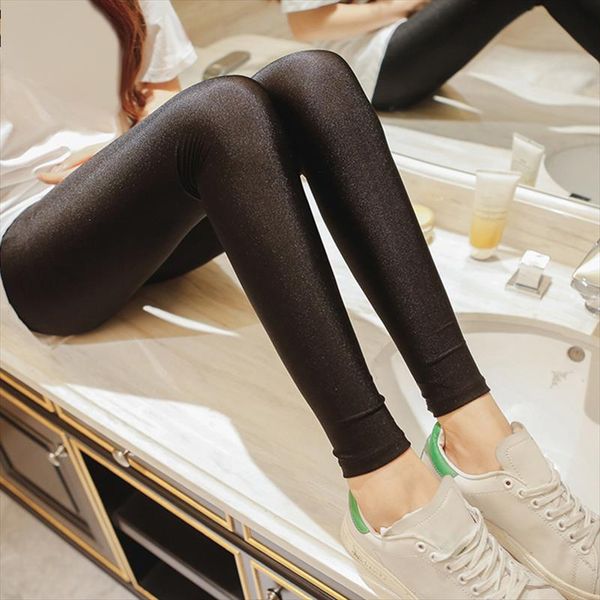 

горячий продавать 2020 женщины сплошной цвет флуоресцентные shiny pant леггинсы большой размер spandex эластичность повседневные брюки для д, Black