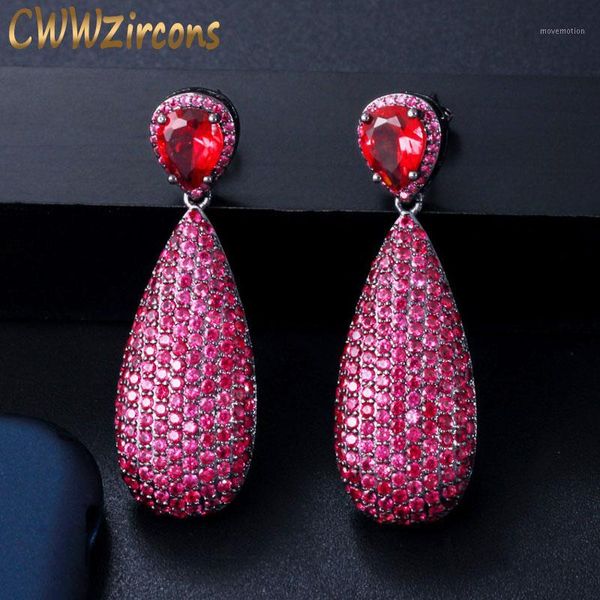 

cwwzircons luxury micro cubic zirconia paved unique black gold color pink red big dangle drop party earrings for women cz5921, Silver