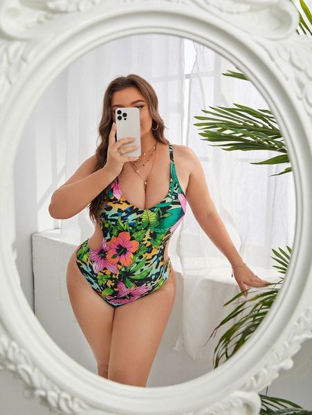 

plus tropical print cut-out one piece swimsuit t52w#, Black