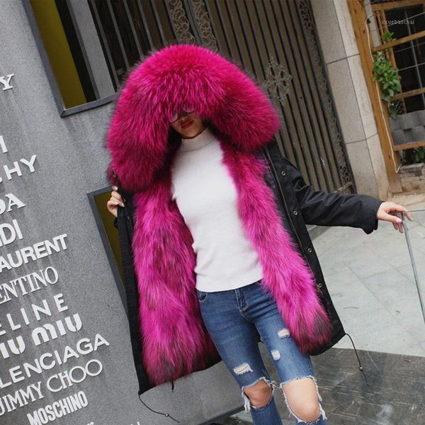 

trend-setter 2017 winter fur parka long coat women coat real raccoon fur jacket luxury large detachable collar parka hooded1, Black