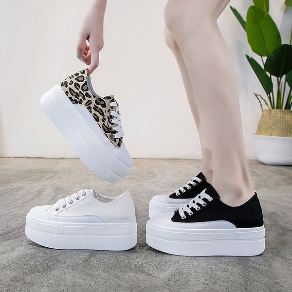 

leopard pattern shallow mouth breathable canvas shoes thick bottom vulcanized shoes casual increase women's shoes fs-14 y200801, Black