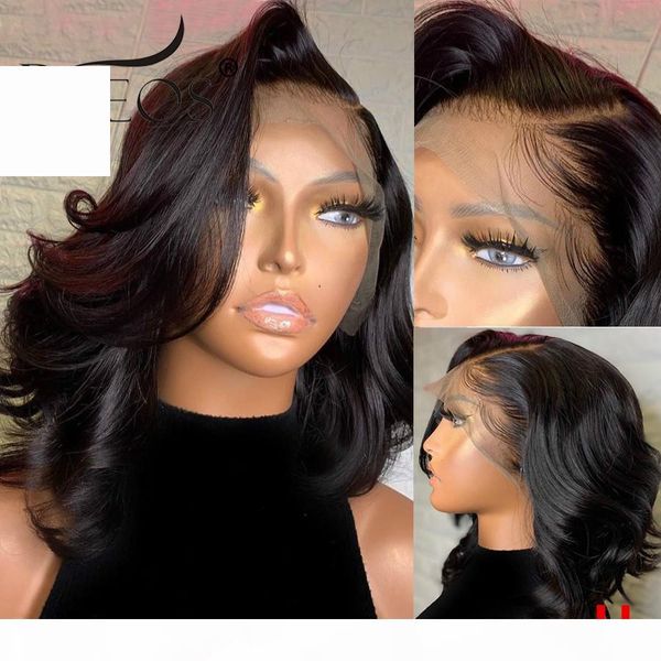 

beeos deep part lace front human hair wig loose wave bob short hair pre plucked brazilian remy hair bleached knots, Black