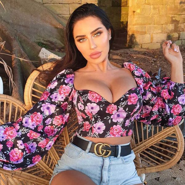 

women's clothing autumn 2021 new flower lantern sleeve t-shirt v-neck breast wrap for women