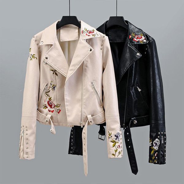 

2021 new fashions female floral autumn embroidered false leather plutonium rivets jacket black jackets ivv2