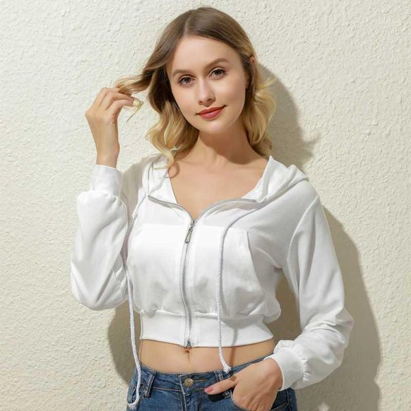 

zip-up autumn winter women hoodies pocket slim crop jacket female clothes drawstring white hoody cotton coats1, Black;brown
