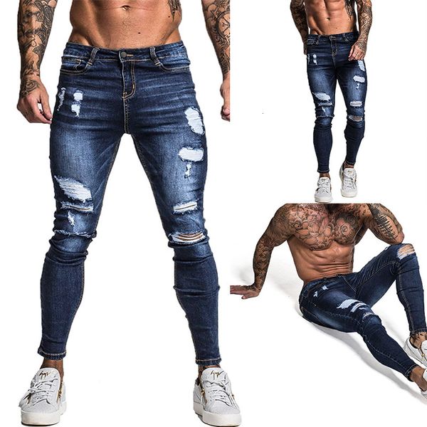 

new style men's personalized holed slim jeans pants fashion casual leggings, Blue