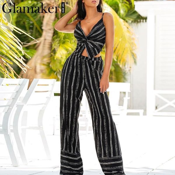 

glamaker striped print v neck two-piece suit jumpsuit women wide leg pants jumpsuit long playsuit elegant casual overalls1, Black;white