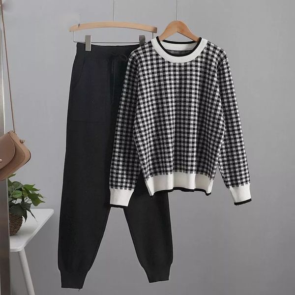 

winter warm women sweater costume 2 pieces sets tracksuits o neck plaid women pullover sweater + knit harem carrot pants, Gray