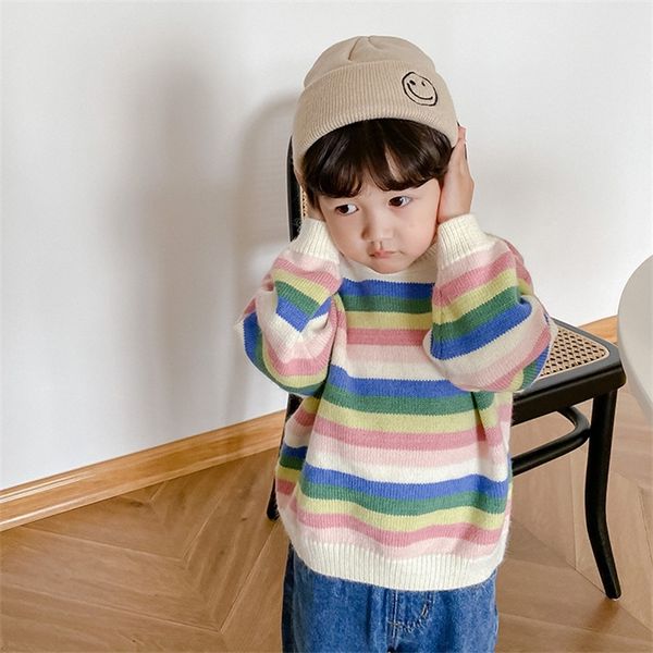 

autumn winter boys casual knitted rainbow sweaters gilrs cotton long sleeve warm loose pullovers lj201128, Blue