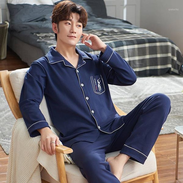 

men cotton pajamas set 2pcs shirt&pant casual loose sleepwear sleep set long sleeve nightwear plus size home clothes 2xl 3xl1, Black;brown