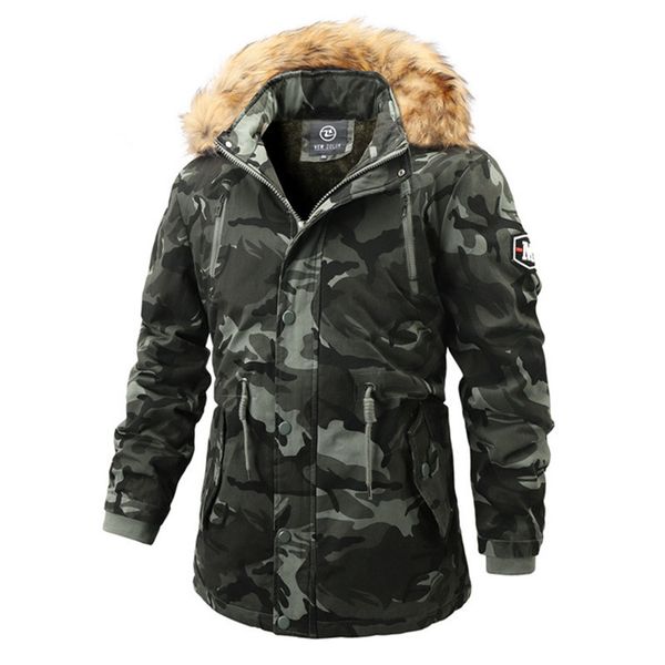 

winter faux fur collar long thick cotton parkas men camouflage coat men's military style hooded pockets outwear windproof coats, Black