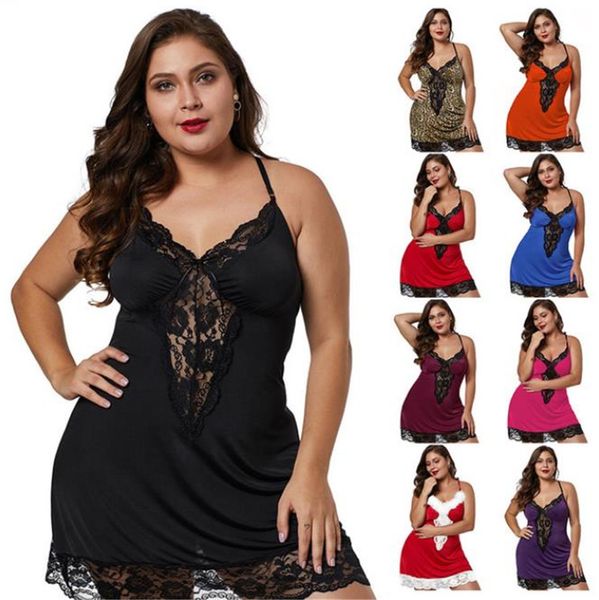 

plus size womens pajamas v neck lace see through sleepwear for women casual solid color spaghetti strap female clothing, Black;red