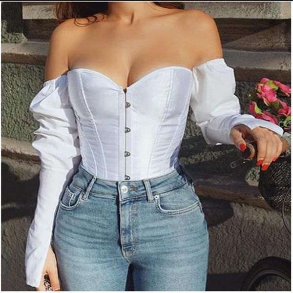 

women off shoulder shirt blouse lady girls fashion back bandage slim bustier female leotard corset ladies' solid wear1, White