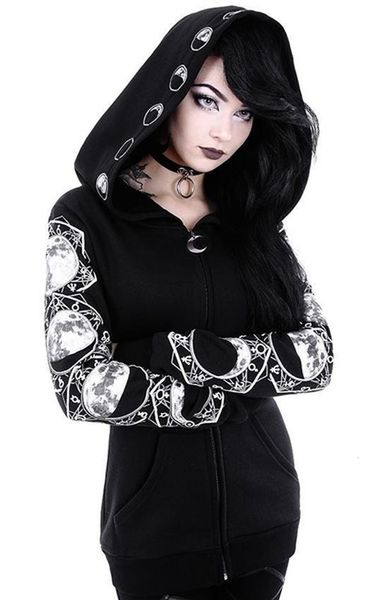 

2021 new hoodie fashion moon prited fine adjustment oversized hood gothic lunar phases black hoodies goth female sweatshirt 2wdk