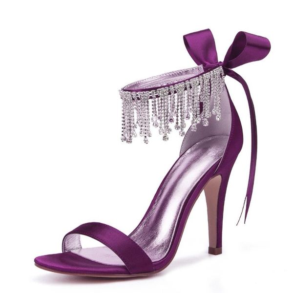 

dress shoes rhinestone trim fringe tassel ankle strap women's satin evening sandals high heels bridal wedding party prom pumps, Black