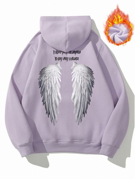 

men wings & slogan graphic drawstring thermal lined hoodie a1ga#, Black