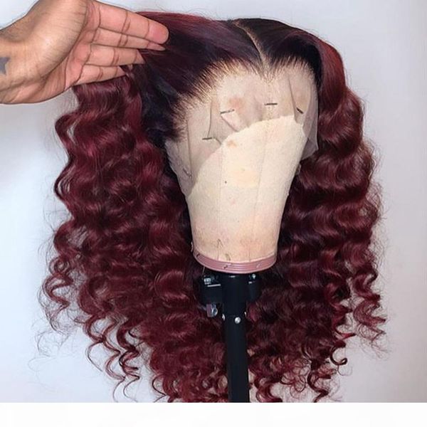 

ombre 99j burgundy red colored 360 lace фронтальная человеческих волос парики 13x6 парики шнурка preplucked завитые бразильский remy волос д, Black
