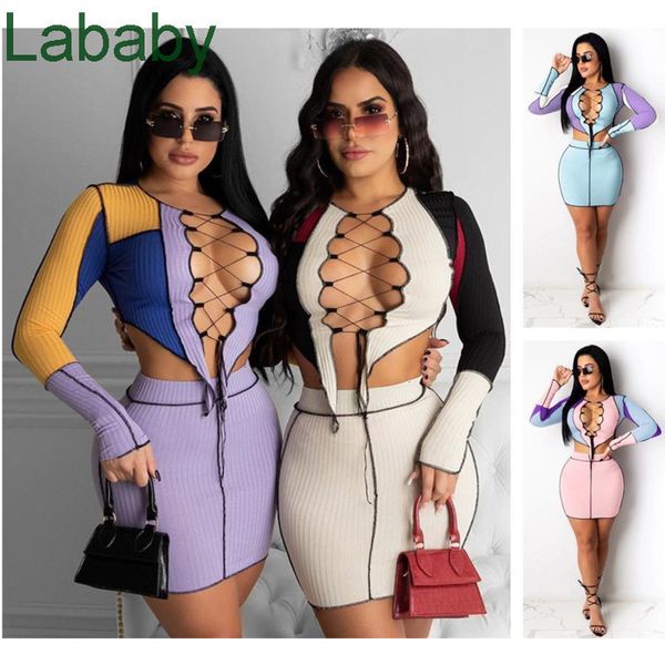 Frauen 2 Stück Kleid Set Designer 2021 Frühling Kleidung Neue Mesh Up Cut Out Farbe Kontrast T-shirt Hohl Nähte Top kurzen Rock