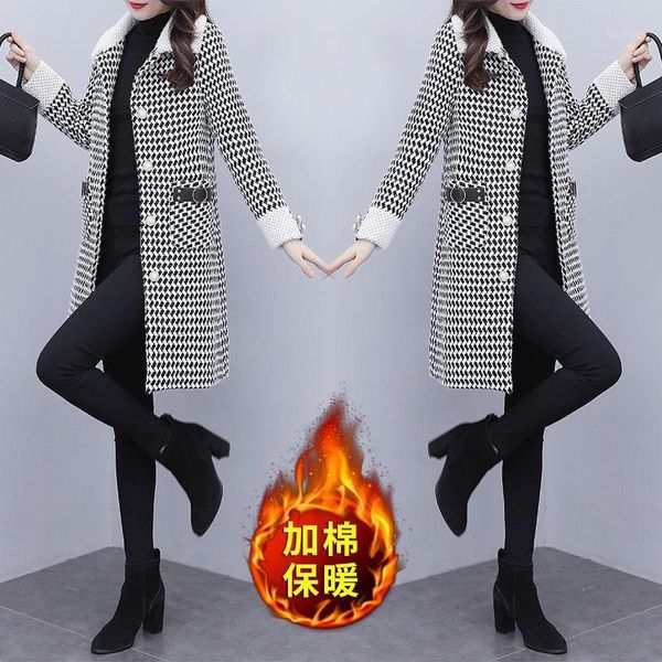

cotton thick woolen jacket women 2021 winter new fashion korean style elegant western style stitching mid-length woolen cloth1, Black