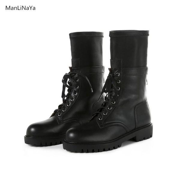 

luxury design leather style lace-up shoes women's boots short motorcycle pedal women's boots mujer zapatos martin women, Black