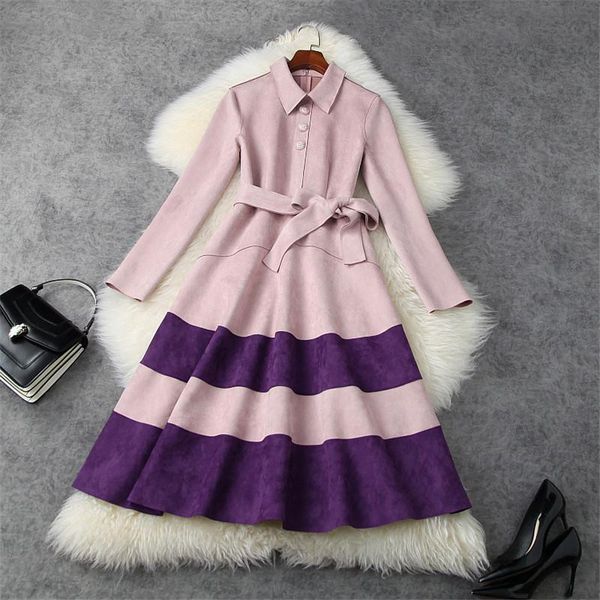 

elegant women spring autumn designers runway color block suede leather dress turn down collar aline casual festa lady robe femme, Black;gray