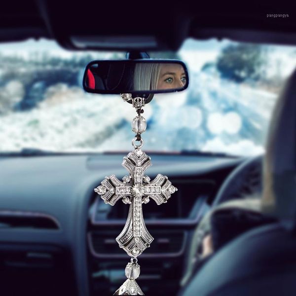 

metal and crystal diamond cross jesus christian car rear view mirror car pendant hanging styling accessories auto decoration1