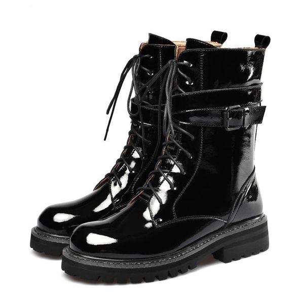 

new winter shoes women's motorcycle boots genuine leather keep warm lace up buckle handsome punk mid-calf boots, Black