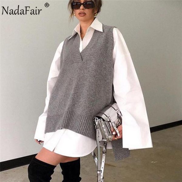 

nadafair casual loose sweater vest oversized split jumper pullover sleeveless long women's sweater fall v neck knitted vest, White;black