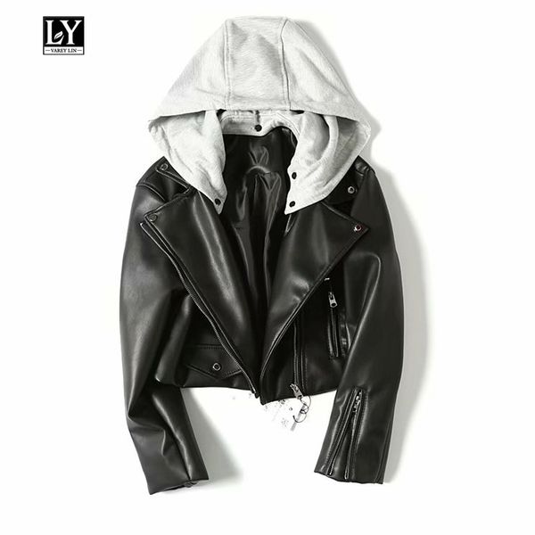 Ly varey lin hooded faux couro macio mulheres cute jaqueta motocicleta zipper chapéu destacável casaco fêmea punk preto outerwear 201030