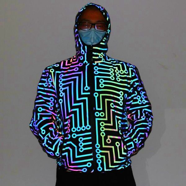 

nightclub dancer circuit geometric pattern rainbow color reflective jacket men women hip-hop mechanical dance hooded coat 201127, Black;brown