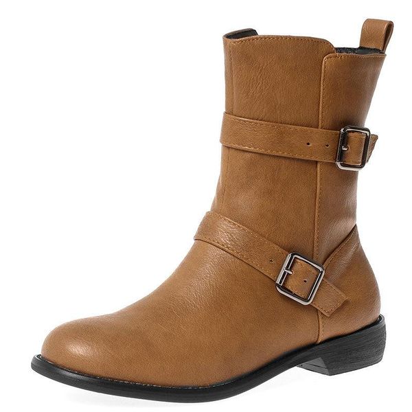 

марка женская обувь круглый toe женщина плоский boots зима обувь кожа пинетки мода низкая резинотехнические 2020 осень mid теленок, Black