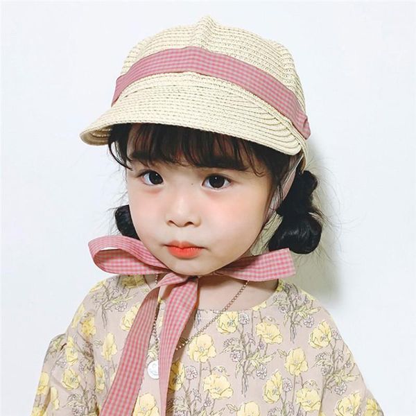 

children sunproof cap bow lace up peaked straw solid color summer cap girls ribbon bow toddler baby boy girls sunscreen-tide hat1, Yellow