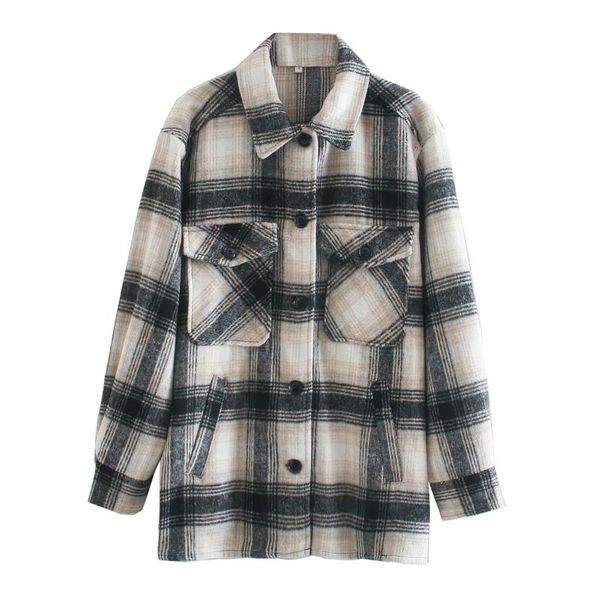

2021 autumn winter tweed blouse style plaid women jackets turn down collar single button casual slim female overcoats outwear, Black;brown