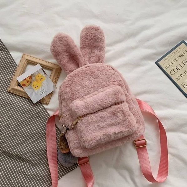 

school bags cute backpack 2021 plush ears student small bag fashion girls solid kawaii softback travel