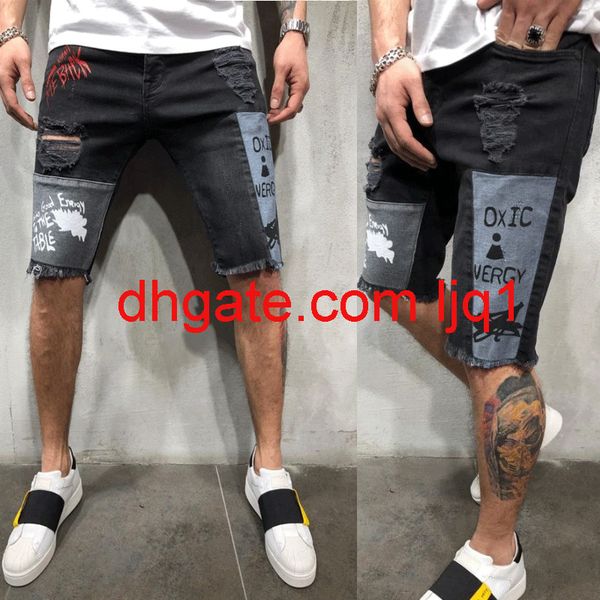 

new denim shorts with holes, slim body, men's middle pants printed men's middle pants, Blue