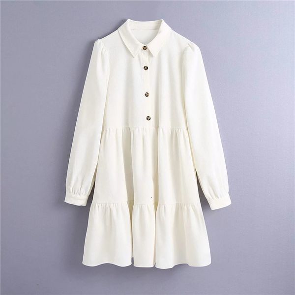 

2021 new corduroy mini white women autumn winter ruffle long sleeve dresses ladies button ruched loose casual dress k0vg, Black;gray