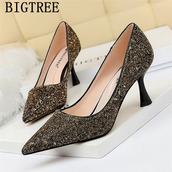 

wedding heels valentine shoes glitter heels bling bling bigtree shoes high pointed party for women tacones, Black