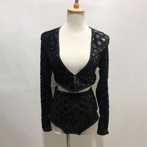 

2020 new pole dance clothing black sequin stage costume shiny rave pole shorts singer show suit bar dj long sleeve jacket, Black;red