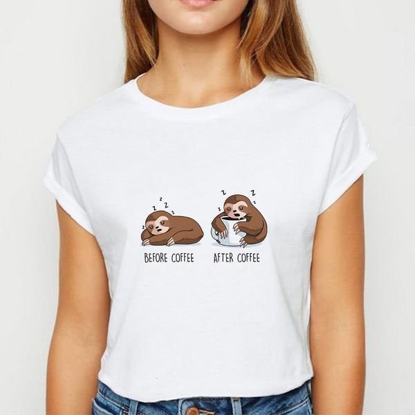 

plus size sloth drinks coffee tshirt vogue spring summer vestidos t shirt women show thin funny women's shirt o-collar t-shirts, White